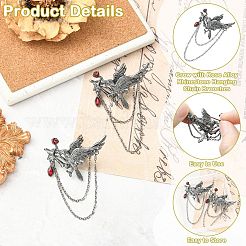 2Pcs Gothic Style Crow with Rose Alloy Rhinestone Hanging Chain Brooches&nbsp;JEWB-CJ0003-45