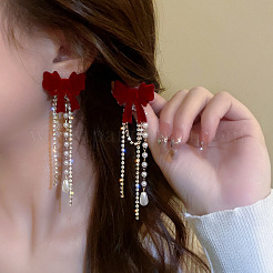 Alloy Crystal Rhinestone Bowknot Tassel Stud Earrings&nbsp;FS-WGAF2AD-02