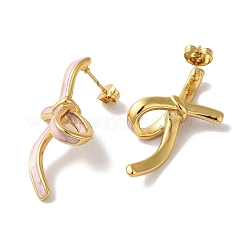 蝶結びの金イオンプレーティング（IP）304ステンレススチールスタッドピアス（女性用）  エナメル  ライラック  35x15mm&nbsp;EJEW-L287-042G-02