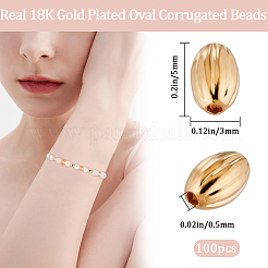 真鍮製筋入りビーズ  オーバル  ニッケルフリー  18KGP本金メッキ  5x3mm  穴：0.5mm  100個/箱&nbsp;KK-BBC0012-61