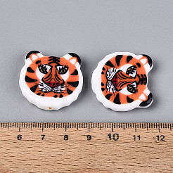 印刷された不透明樹脂ビーズ  虎  サンゴ  27x28x6mm  穴：1.4mm&nbsp;RESI-N043-08