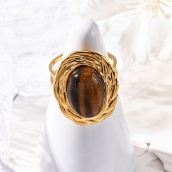 Oval Natural Tiger Eye Finger Rings&nbsp;RJEW-M063-01G-11