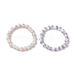 2Pcs 2 Colors Handmade Flower Printed Porcelain Ceramic Round Beads Stretch Bracelets for Women&nbsp;BJEW-JB12091