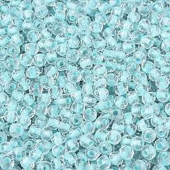 FGBグレードA透明ガラスシードビーズ  ロンデル  暗闇で光る  中央染め  多面カット  ターコイズ  4x3mm  穴：1.2~1.6mm  約6081個/ポンド&nbsp;SEED-Q040-03A-02