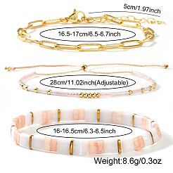 3個 3スタイル 304ステンレススチール ペーパークリップチェーンブレスレット & ガラスシードビーズ ストレッチ&スライダーブレスレット レディース  6.30インチ（16cm）〜11.02インチ（28cm）&nbsp;SL8246-1