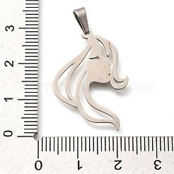 304ステンレスペンダント  女の子の顔の魅力  レーザー切断  ステンレス鋼色  29x19.5x1mm  穴：3x6mm&nbsp;X-STAS-Z119-04P