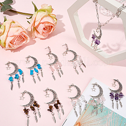 10Pcs 5 Styles Opalite & Synthetic Turquoise & Natural Amethyst & Tiger Eye & Rose Quartz Chip and Alloy Hollow Moon Big Pendants&nbsp;FIND-BM0001-84