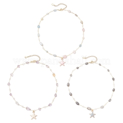 3個 3スタイル 真鍮 ハンドメイド 天然 モルガナイト & アメジスト & ラブラドライト ナゲット リンクチェーン 合金 エナメル ヒトデ ペンダントネックレス レディース  ゴールドカラー  ミックスカラー  16.46インチ（41.8cm）  1個/スタイル&nbsp;NJEW-JN05366