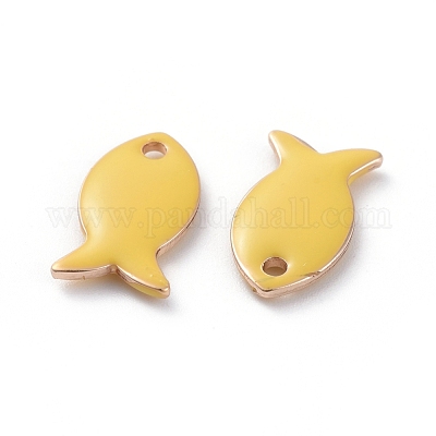 真鍮製チャーム  エナメル  魚  生（メッキなし）  きいろ  13.5x7.5x2mm  穴：1.2mm&nbsp;KK-L180-102H-G-1