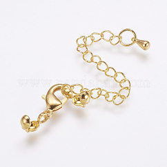 Long-Lasting Plated Brass Chain Extender, with Lobster Claw Clasps and Bead Tips, Cadmium Free & Lead Free, Real 18K Gold Plated, 20mm, Extend Chain: 69mm, Bead Tips: 8x3.5mm, Inner: 3mm, Clasps: 12x6x2.5mm,
