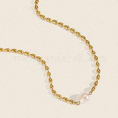 French Natural Freshwater Pearl Potato Stainless Steel Rice Beaded Necklaces for Women, White, Real 18K Gold Plated, 16.54 inch(42cm)