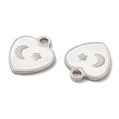 304ステンレススチールエナメルペンダント  月と星のチャームが付いたハート  ステンレス鋼色  11x10x1mm  穴：1.6mm&nbsp;STAS-M308-12P-03