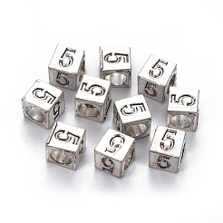 合金ヨーロピアンビーズ  大穴ビーズ  番号の立方体  アンティークシルバー  NUM。5  7x7x7mm  穴：5mm&nbsp;PALLOY-WH0065-52E