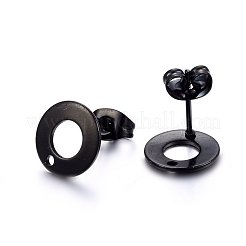 304ステンレススチールスタッドピアス金具  ループ＆ピアスバックキャッチ付き  フラットラウンドイオンプレーティング(ip)  電気泳動黒  10x1mm  穴：1.5mm  ピン：0.8mm&nbsp;STAS-H472-01B