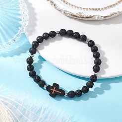 2Pcs Cross Natural Lava Rock & Synthetic Turquoise & Wood Round Beads Stretch Bracelets for Men Women&nbsp;BJEW-JB11832