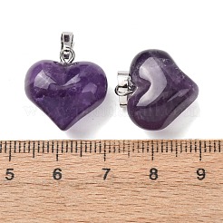 天然石アメジストペンダント  真鍮のスナップオンベイル付きハートチャーム  プラチナ  17x17.5x11mm  穴：6.5x4mm&nbsp;G-B188-04P-02