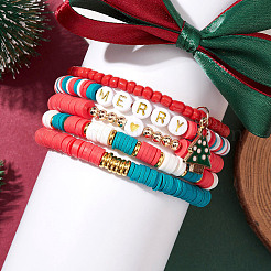 5個 5スタイル クリスマス ハンドメイド ポリマー粘土 ビーズ ストレッチ ブレスレット セット  合金エナメルと真鍮チャームの重ね付け可能な女性用ブレスレット  ミックスカラー  内径：2-1/2~2-7/8インチ（6.5~7.2cm）  1個/スタイル&nbsp;BJEW-TA00489