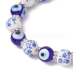 Handmade Flower Printed Porcelain Ceramic & Handmade Lampwork Evil Eye Beads Stretch Bracelets for Women&nbsp;BJEW-JB12105-04
