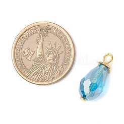 電気メッキガラスチャーム  ティアドロップ  鉄ループ付き  多面カット  ゴールドカラー  23x10mm  穴：3.5mm&nbsp;PALLOY-JF03956-02