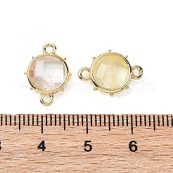 真鍮天然レモンクォーツコネクタチャーム  フラットラウンド  多面カット  ラックめっき  14.5x10x3.5mm  穴：1.4mm&nbsp;KK-Z096-01G-01