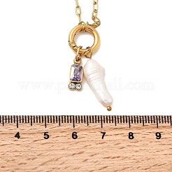 Natural Keshi Pearl Stick & Rectangle Purple Glass Pendant 304 Stainless Steel Paperclip hain Necklaces for Women&nbsp;NJEW-K255-54G