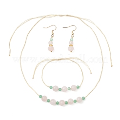 Round Natural Malaysia Jade & Rose Quartz Beaded Necklace & Bracelet & Dangle Earring Sets&nbsp;SJEW-JS01333