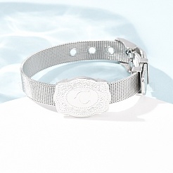 304ステンレススチール製時計バンドチェーンブレスレット（女性・男性用）  文字付きの楕円  ステンレス鋼色  文字C  8.54インチ（21.7cm）&nbsp;BJEW-P386-09P-C