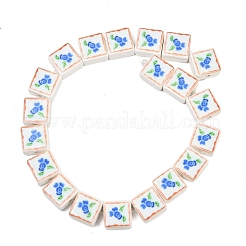 印刷された手作りの磁器のビーズ  花模様の正方形  藤紫色  15~15.5x15~15.5x7.5~8mm  穴：2mm&nbsp;PORC-G016-04C
