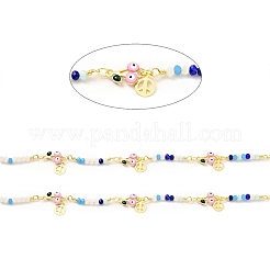 エナメル チェリーとイービル アイ リンク チェーン  本物の 18K 金メッキの真鍮製ピースサイン チャームとガラス製の丸いビーズ  鉛フリー＆カドミウムフリー  ハンダ付け  スプールで  パールピンク  11.5x7.5x3mm  25x3.5&nbsp;CHC-G017-22G-02