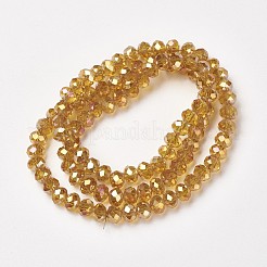 電気メッキ透明ガラスビーズ連売り  フル虹メッキ  多面カット  ロンデル  ゴールデンロッド  3.5x3mm  穴：0.4mm  約123~127個/連  13.7~14.1インチ（35~36cm）&nbsp;EGLA-A034-T3mm-T06