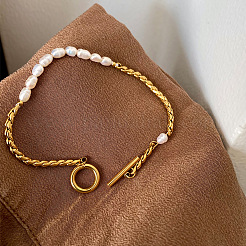 304 Stainless Steel & Plastic Pearl Link Chain Bracelets&nbsp;WG2486F-01