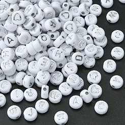 300 個 2 スタイル不透明な白のアクリルビーズ  ライン入り  文字でフラットラウンド  銀メッキ  7x3.5~4mm  穴：1.5~1.8mm&nbsp;MACR-YW0002-58B