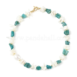 Raw Natural Amazonite & Shell Chip Beaded Necklaces with Oval Shell Pearl for Women&nbsp;NJEW-JN06587