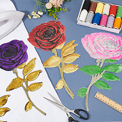 6個 3色 バラの花 コンピューター刺繍 ポリエステル 装飾アクセサリー  スパンコール布アイロン接着パッチ  ミックスカラー  340x161x1ミリ  2個/カラー&nbsp;PATC-MA0001-01