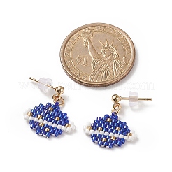 ガラスシード プラネット ダングル スタッド ピアス  女性用ゴールデン 304 ステンレス ワイヤー ラップ ジュエリー  ブルー  20mm  ピン：0.9mm&nbsp;EJEW-MZ00013-01