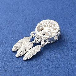 925スターリングシルバーペンダント  丸カン付きの羽根チャームが付いた生命の木  銀  22.5x10x4.5mm  穴：1.4mm&nbsp;STER-E071-04S