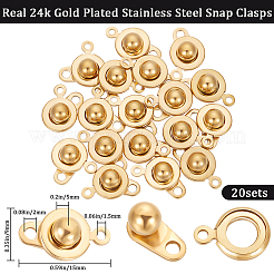 201ステンレススチールスナップ留め具20個  フラットラウンド  24KGP本金メッキ  15x9x5mm  穴：1.5mmと2mm&nbsp;STAS-BBC0005-88A