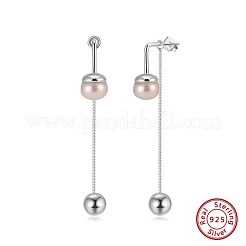 スターリングシルバーのラウンドタッセルスタッドピアス925個  天然淡水パールと  プラチナメッキ  57x7.5mm&nbsp;EJEW-D326-03P