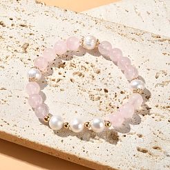 天然ローズクォーツとパールビーズのストレッチブレスレット（女性用）  内径：2-1/4インチ（5.6cm）&nbsp;BJEW-JB09384-02