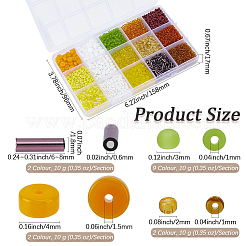 15種類のガラスシードビーズとビューグルビーズ  ラウンド  ゴールド  2~8x1.8~4mm  穴：0.6~1.5mm  15スタイル  10g /スタイル  150g。&nbsp;SEED-PA0001-14D