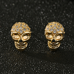 ハロウィンの真鍮製スカルスタッドピアス  クリアキュービックジルコニア  ゴールドカラー  11x17mm&nbsp;OF2093