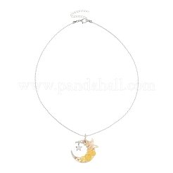 Natural Topaz Jade Wire Wrapped Moon with Acrylic Butterfly Pendant 304 Stainless Steel Ball Chain Necklaces&nbsp;NJEW-TA00266-03