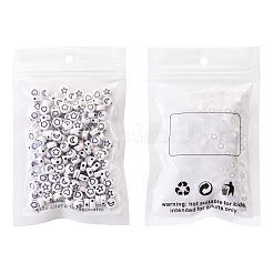 不透明な白いアクリルビーズ  黒い星とハートと月と花のフラットラウンド  7x3.5mm  穴：1.5mm  約200個/袋&nbsp;SACR-YW0001-21B