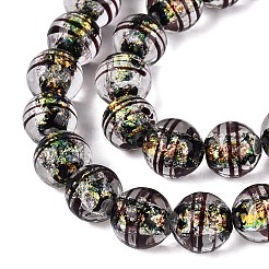 手作り箔ガラスランプワークビーズ連売り  ストライプラウンド  ゴールド  10mm  穴：1~1.6mm  約40個/連  15.16~15.55インチ（38.5~39.5cm）&nbsp;FOIL-Q002-09D