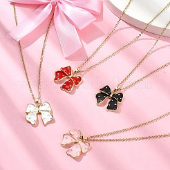 304ステンレスネックレス  アズキチェーン  女性用蝶結び合金エナメルペンダントネックレス  ゴールドカラー  ミックスカラー  15.94インチ（40.5cm）&nbsp;NJEW-JN05033