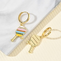 女性用真鍮マイクロパヴェキュービックジルコニアダングルフープピアス  ピックルボールパドル  エナメル  ラックめっき  長持ちメッキ  鉛フリー＆カドミウムフリー  18KGP本金メッキ  35x11mm&nbsp;EJEW-A168-05G