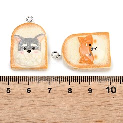 レジンイミテーションフードペンダント  子犬のトーストチャーム  プラチナ鉄ループ付き  ミックスカラー  28.5~29x19~19.5x8.5~9mm  穴：2mm&nbsp;RESI-D023-03