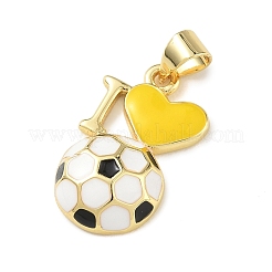 サッカーをテーマにした真鍮製エナメルペンダント  ハート＆フットボールチャーム  長持ちメッキ  カドミウムフリー＆鉛フリー  ラックめっき  18KGP本金メッキ  きいろ  20x12.5x4.5mm  穴：5x4mm&nbsp;KK-A303-01B-G01