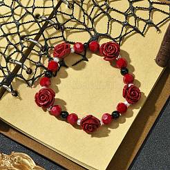 Synthetic Coral Rose Flower & Opaque Glass Beads & ABS Plastic Imitation Pearl Beaded Stretch Bracelets for Women&nbsp;BJEW-JB10748