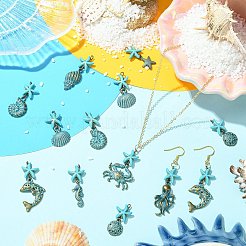 18個9スタイルアロイペンダント  合成ターコイズと鉄のリング付き  混合図形  アンティークブロンズ＆グリーングリーン  30~45mm&nbsp;PALLOY-CJ00182
